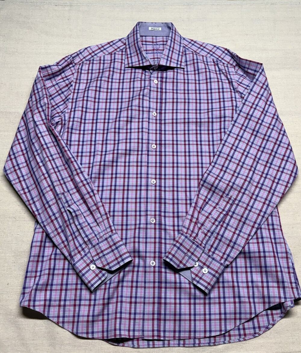 Bugatchi Uomo Button Down Shirt Mens Large Plaid Long Sleeve Cotton Shaped Fit